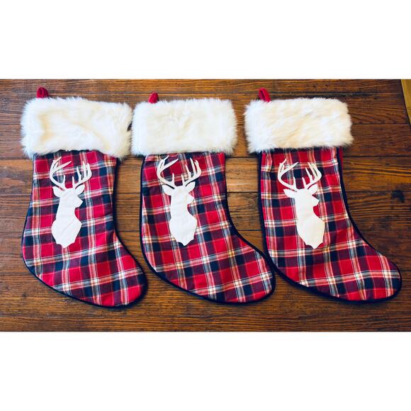 (3) Buffalo plaid Christmas stockings faux fur cuff and deer applique - Picture 1 of 7